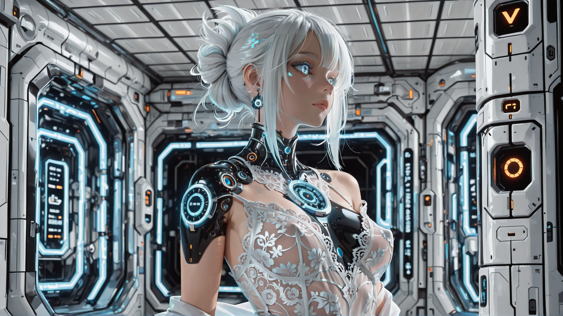 AI generated wallpaper featuring cyborg, woman, robot, spaceship, corridor, gears, lattice, goggles, earrings, neon