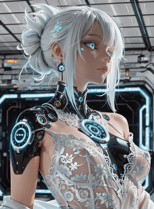 cyborg, woman, robot, spaceship, corridor, gears, lattice, goggles, earrings, neon