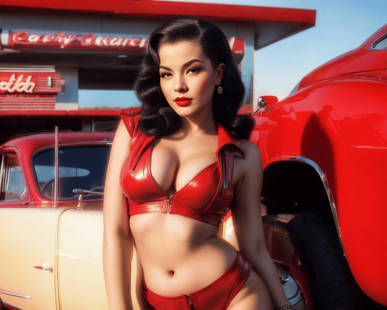 AI generated wallpaper featuring woman, vintage cars