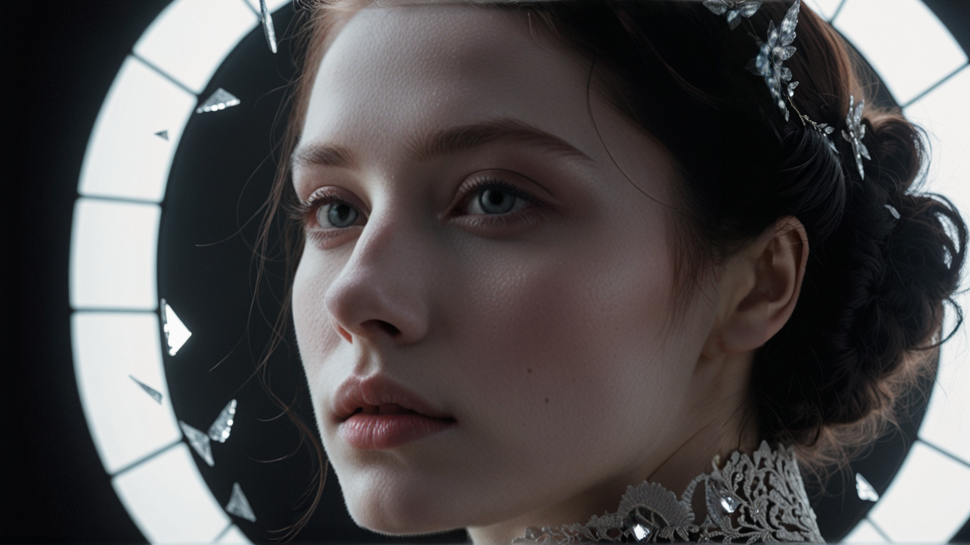 AI generated wallpaper featuring woman, hair accessory, lace collar