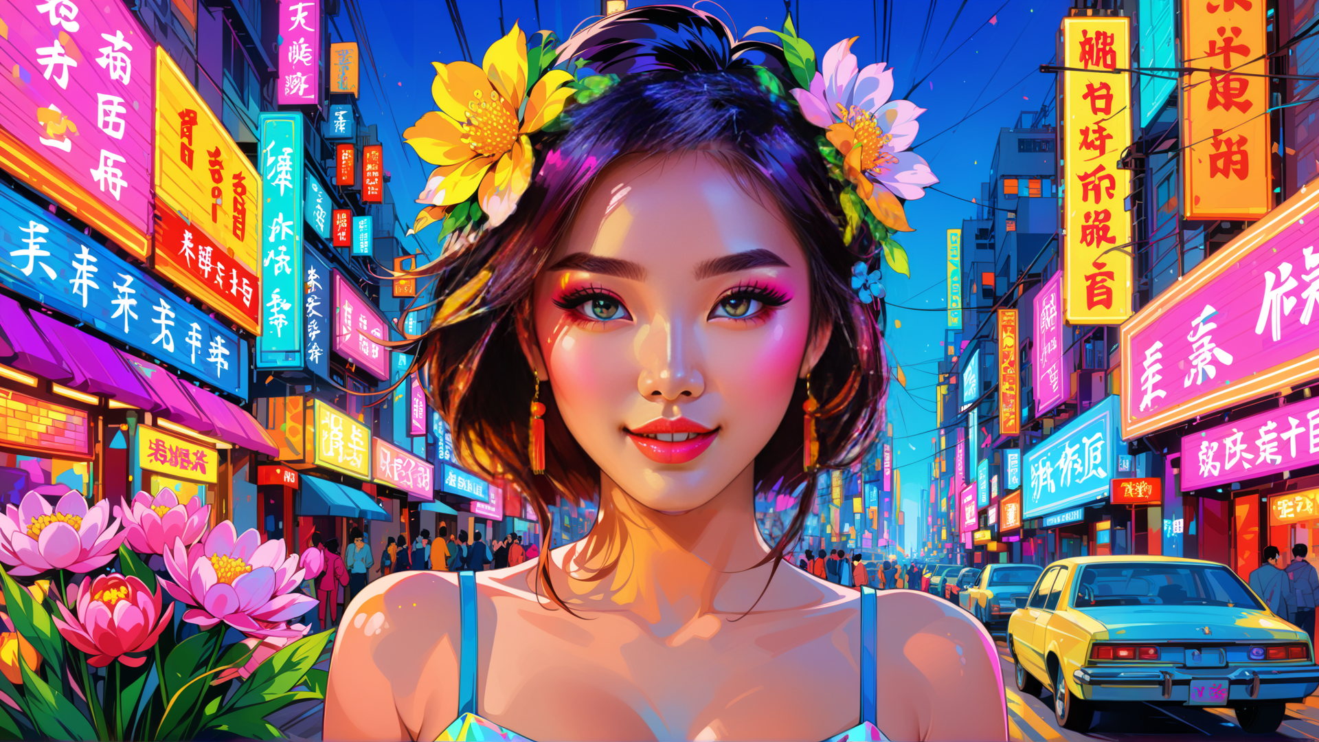 AI generated wallpaper featuring woman, city, flowers