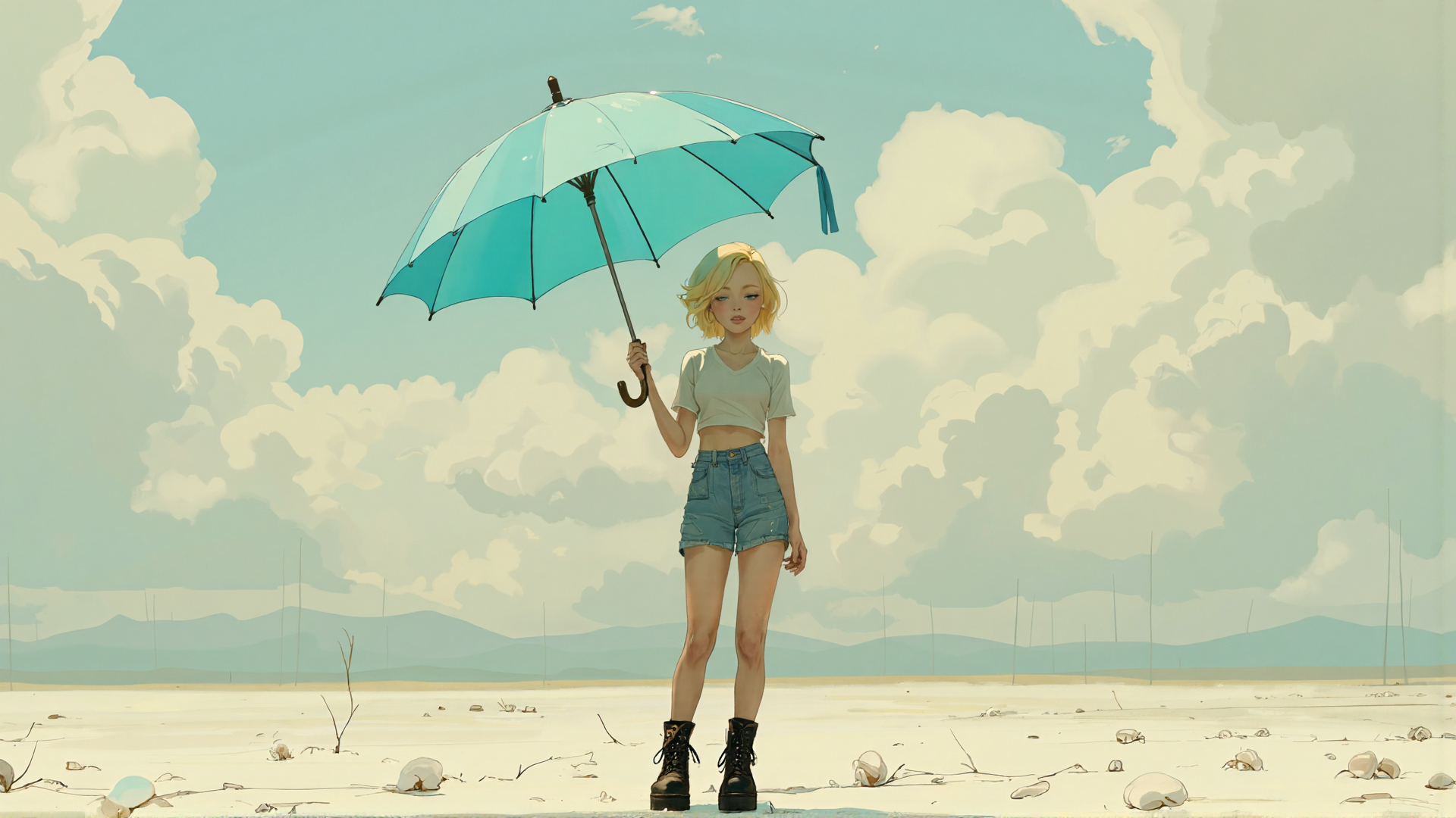 AI generated wallpaper featuring girl, umbrella, field