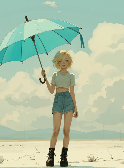 girl, umbrella, field