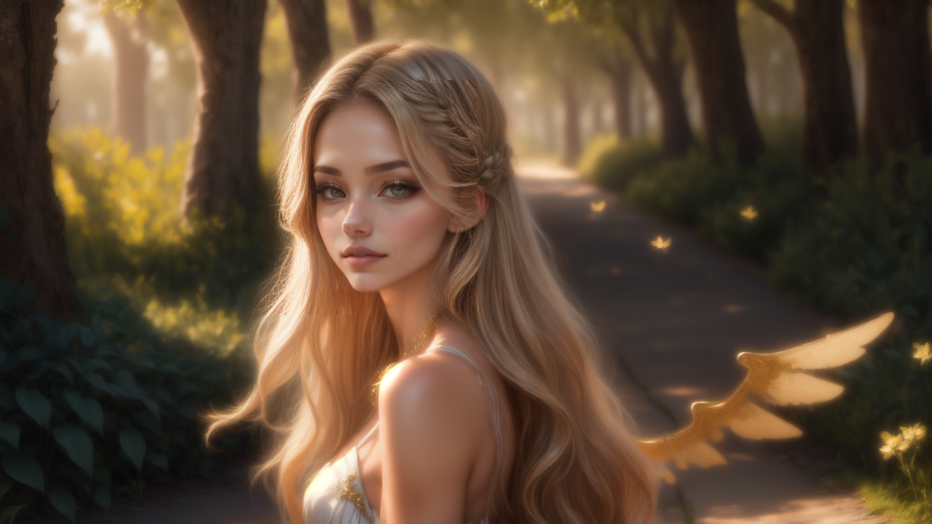 AI generated wallpaper featuring woman, fairy, forest
