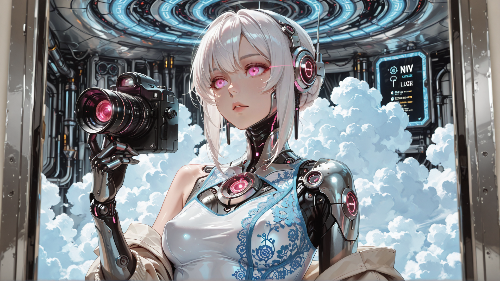 AI generated wallpaper featuring cyborg, robot, camera, clouds, headset, dress, mechanical, lens, gloves, circuit