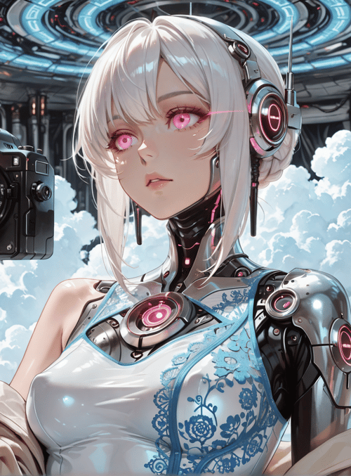 cyborg, robot, camera, clouds, headset, dress, mechanical, lens, gloves, circuit