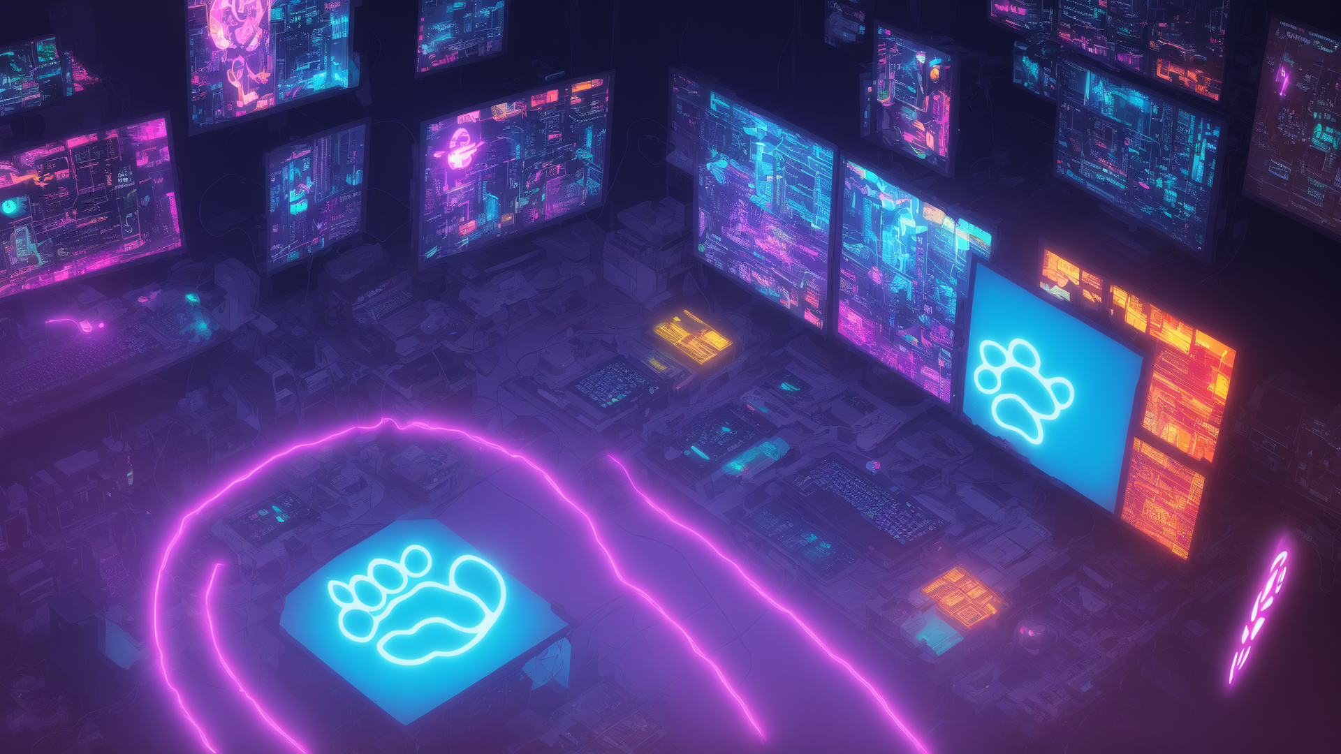 AI generated wallpaper featuring footprint, monitors, neon