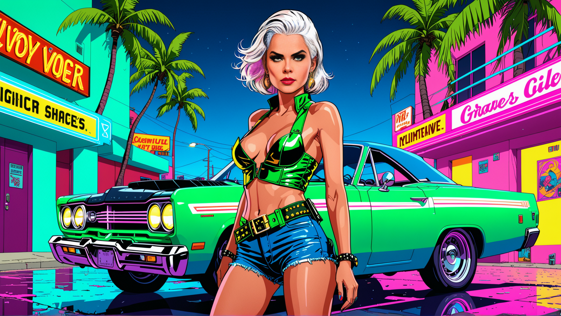 AI generated wallpaper featuring woman, car, palm trees