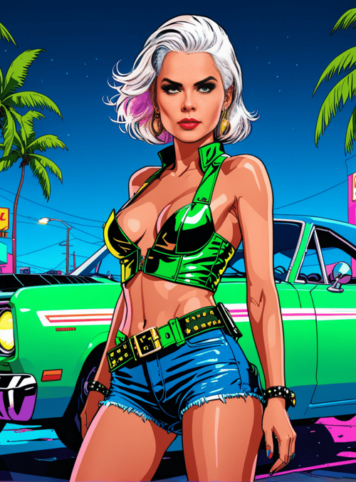 woman, car, palm trees