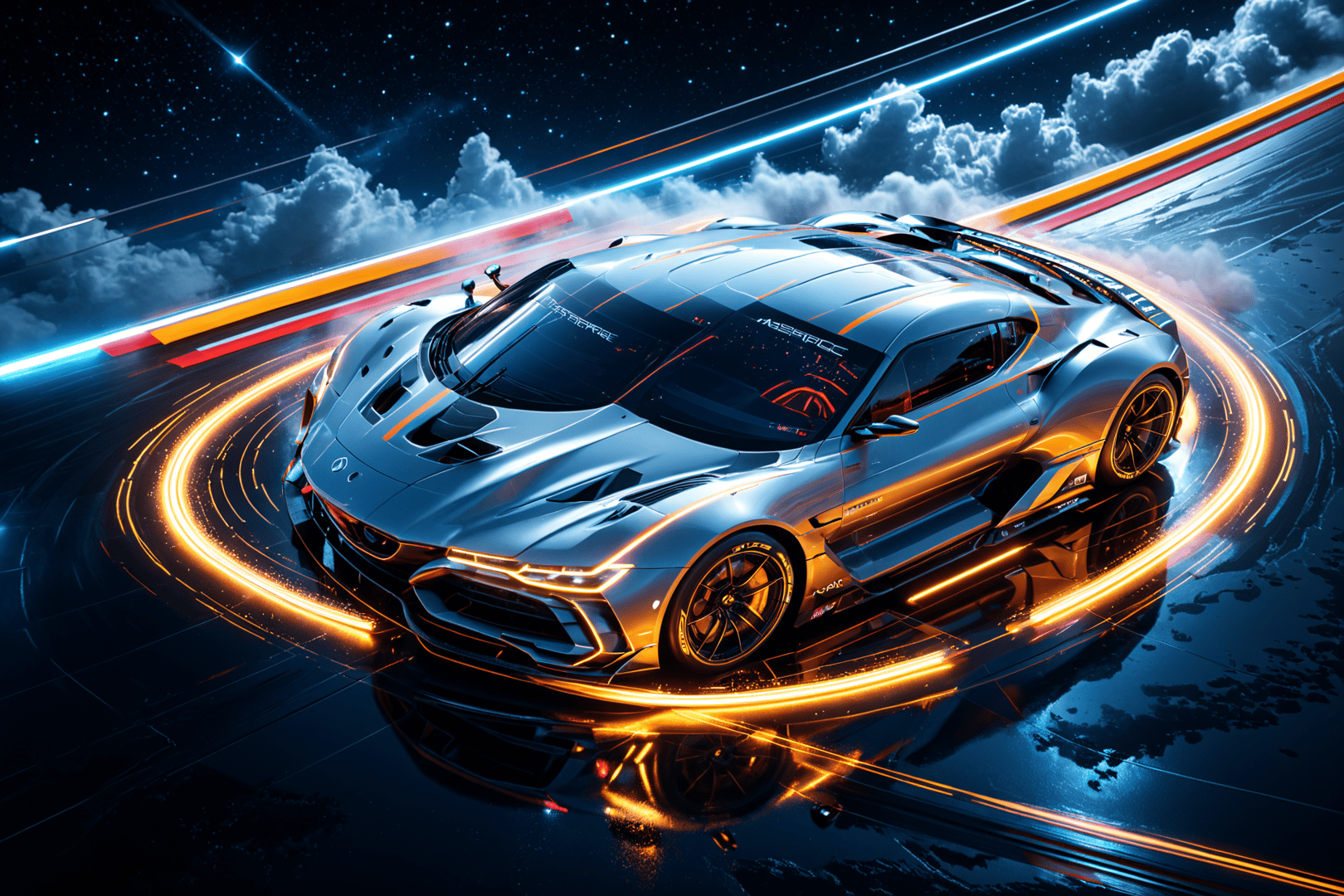 AI generated wallpaper featuring sports car, light trails, clouds
