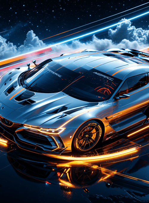 sports car, light trails, clouds