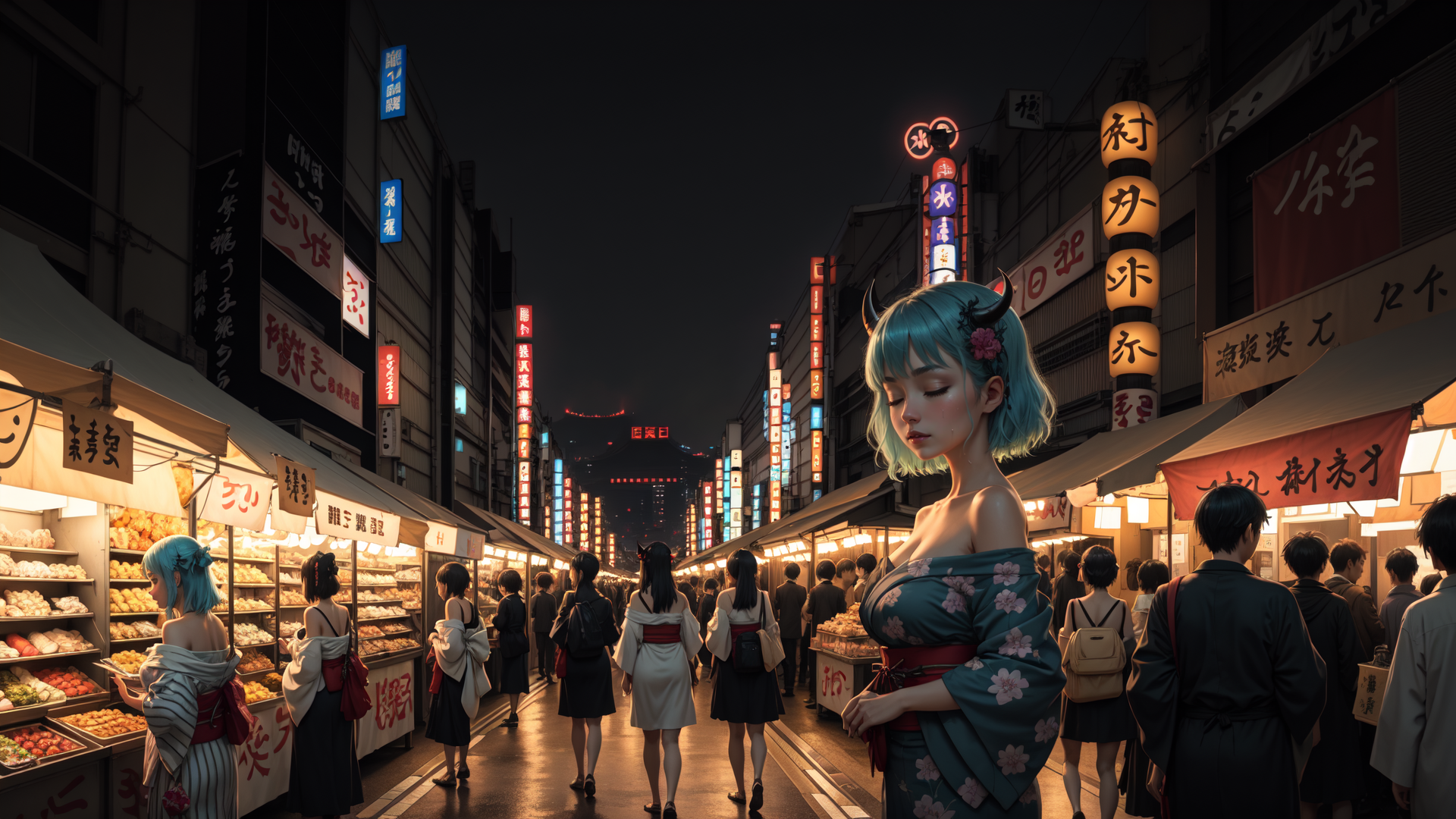 AI generated wallpaper featuring anime girl, street, market, signs, crowd, kimono, horn, blue hair, food stalls, neon lights