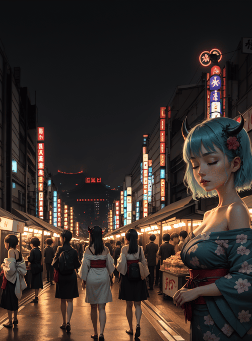 anime girl, street, market, signs, crowd, kimono, horn, blue hair, food stalls, neon lights