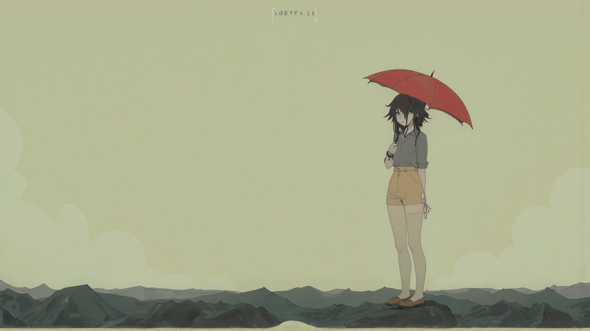 AI generated wallpaper featuring girl, umbrella, mountain, cloud