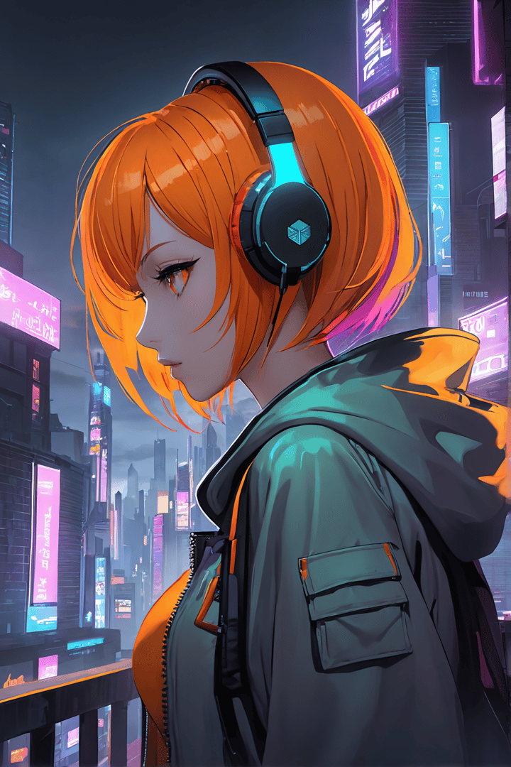 AI generated wallpaper featuring girl, headphones, cityscape, neon, jacket, hair