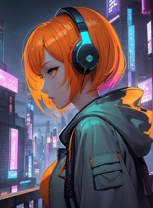 girl, headphones, cityscape, neon, jacket, hair