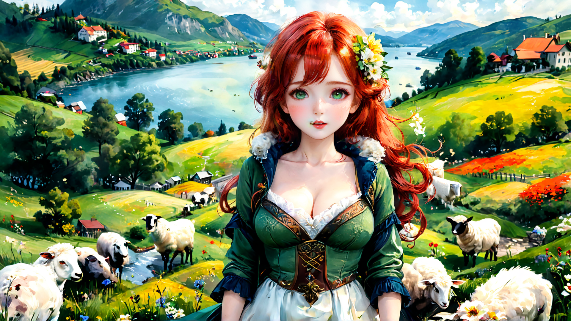 AI generated wallpaper featuring woman, sheep, landscape