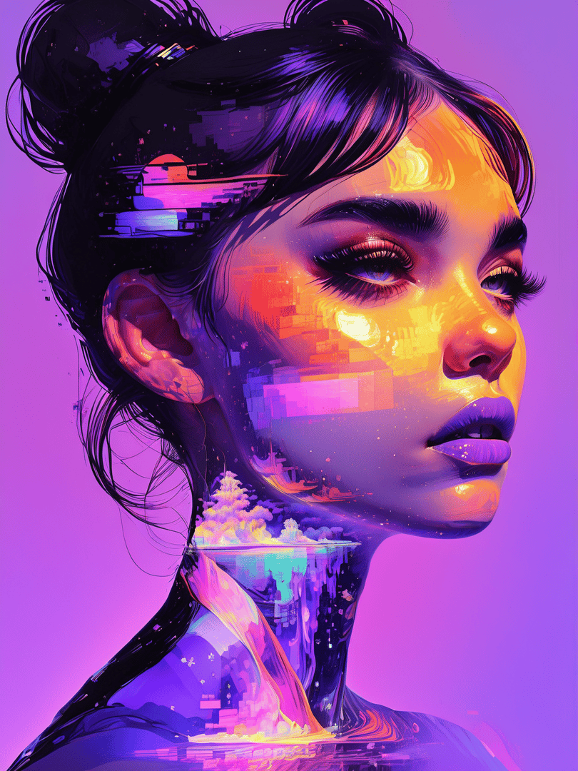 AI generated wallpaper featuring woman, portrait, neon, digital, art