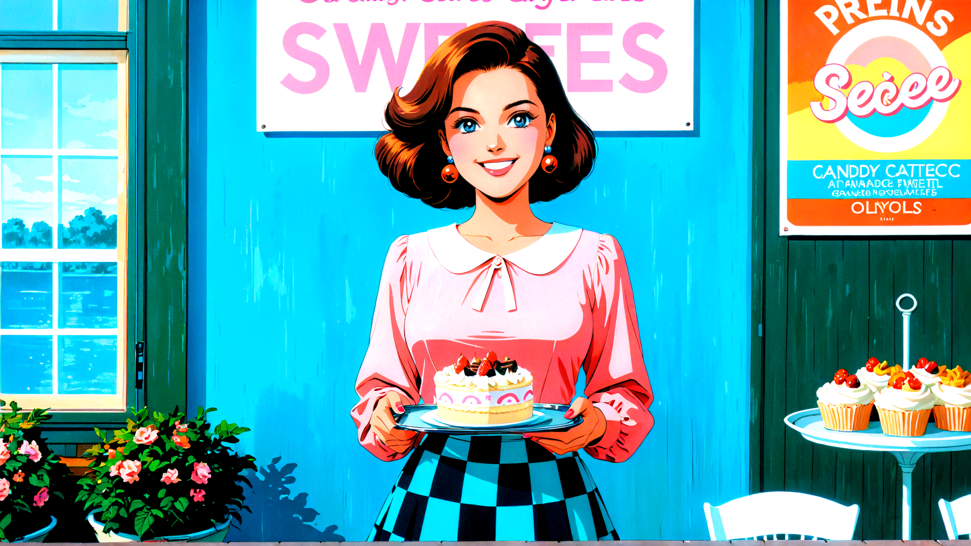AI generated wallpaper featuring woman, cake, cupcakes, sign, flowers, window, chair, dress, earrings, poster