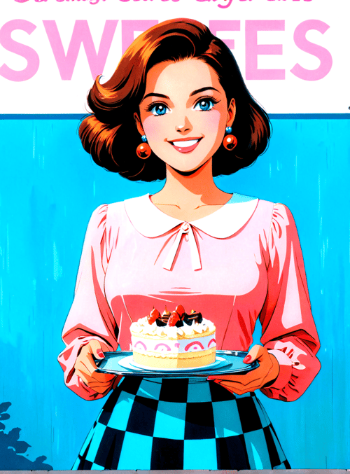 woman, cake, cupcakes, sign, flowers, window, chair, dress, earrings, poster
