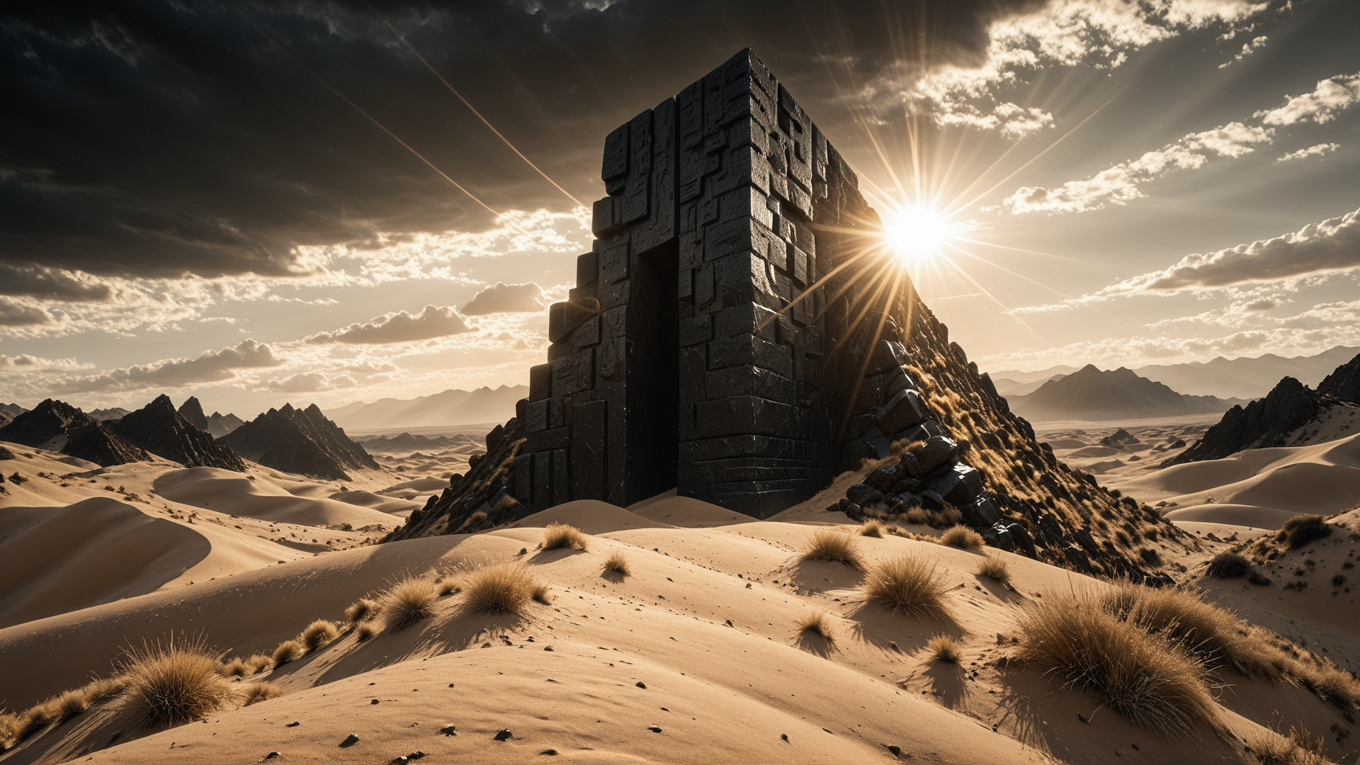 AI generated wallpaper featuring stone structure, desert, sand dunes, mountains, sun, clouds, rocks, grass, sky, monument