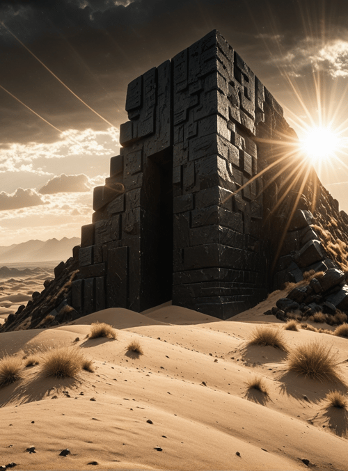 stone structure, desert, sand dunes, mountains, sun, clouds, rocks, grass, sky, monument