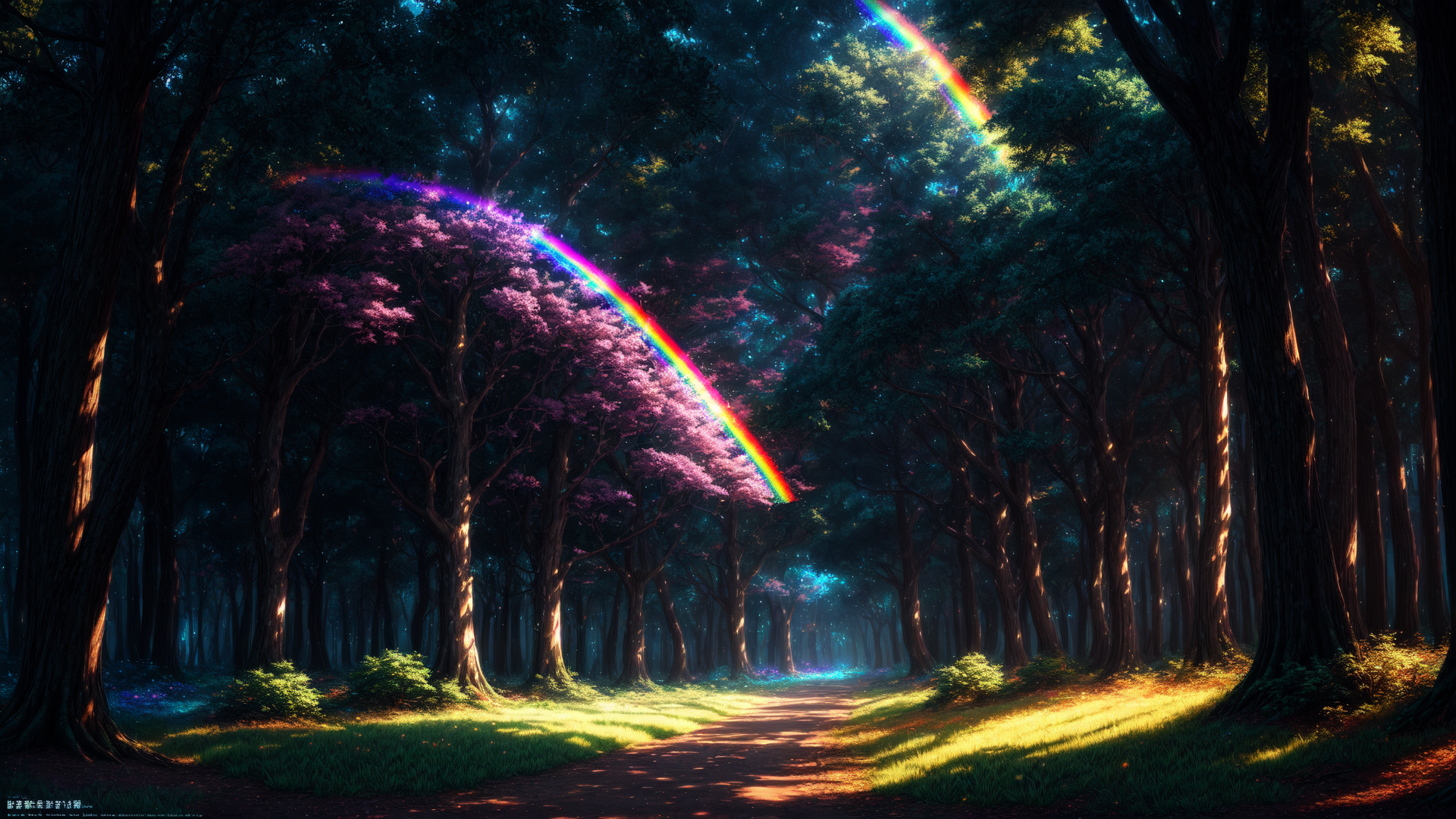AI generated wallpaper featuring forest, rainbow, trees
