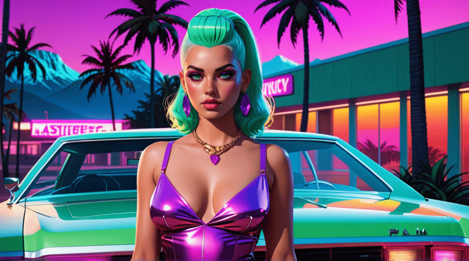 AI generated wallpaper featuring woman, car, palm tree