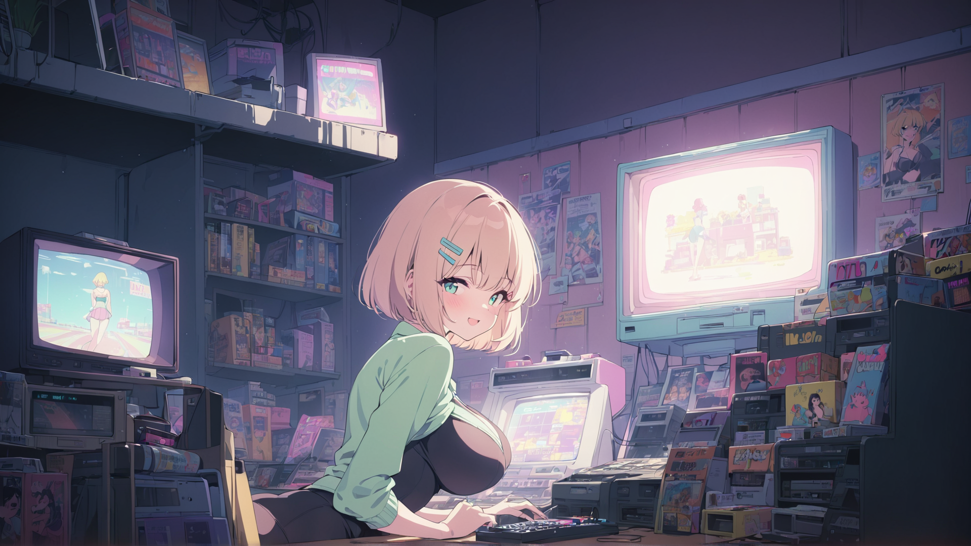 AI generated wallpaper featuring girl, retro, gaming