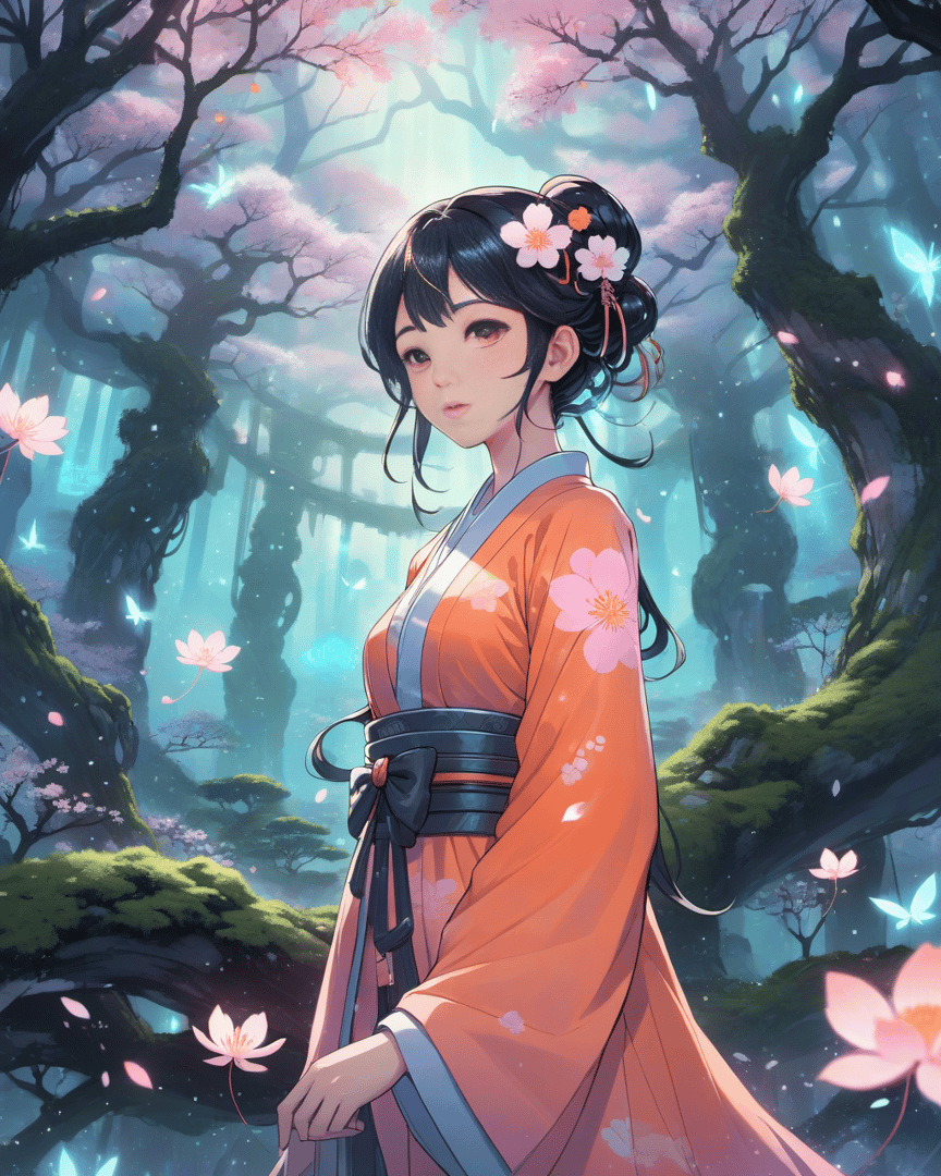AI generated wallpaper featuring woman, cherry blossom, traditional kimono