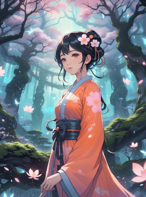 woman, cherry blossom, traditional kimono