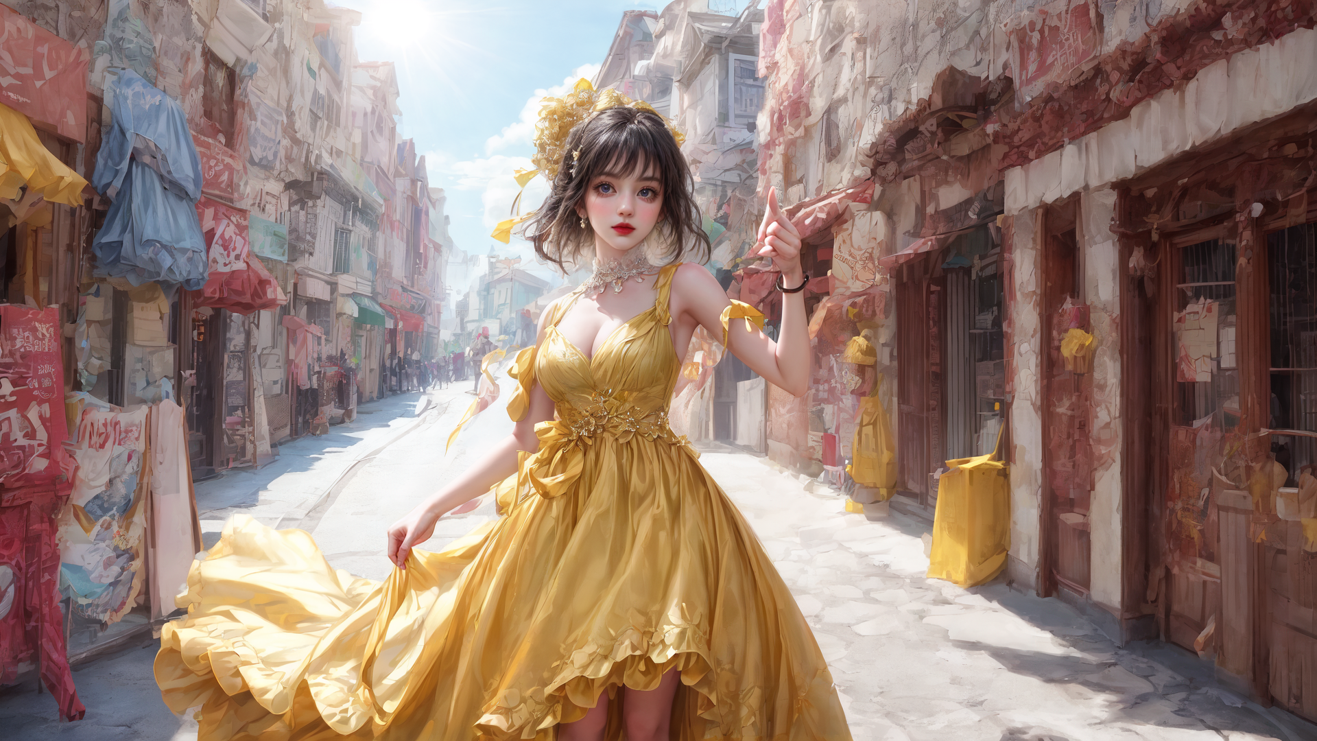 AI generated wallpaper featuring woman, dress, street