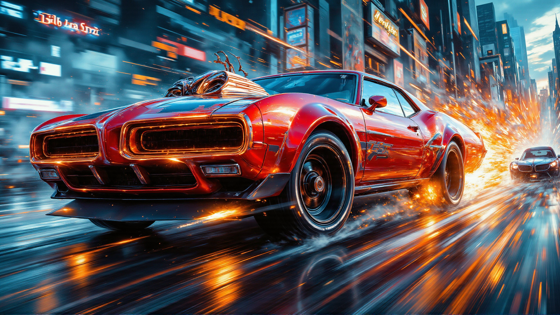 AI generated wallpaper featuring car, city, spark