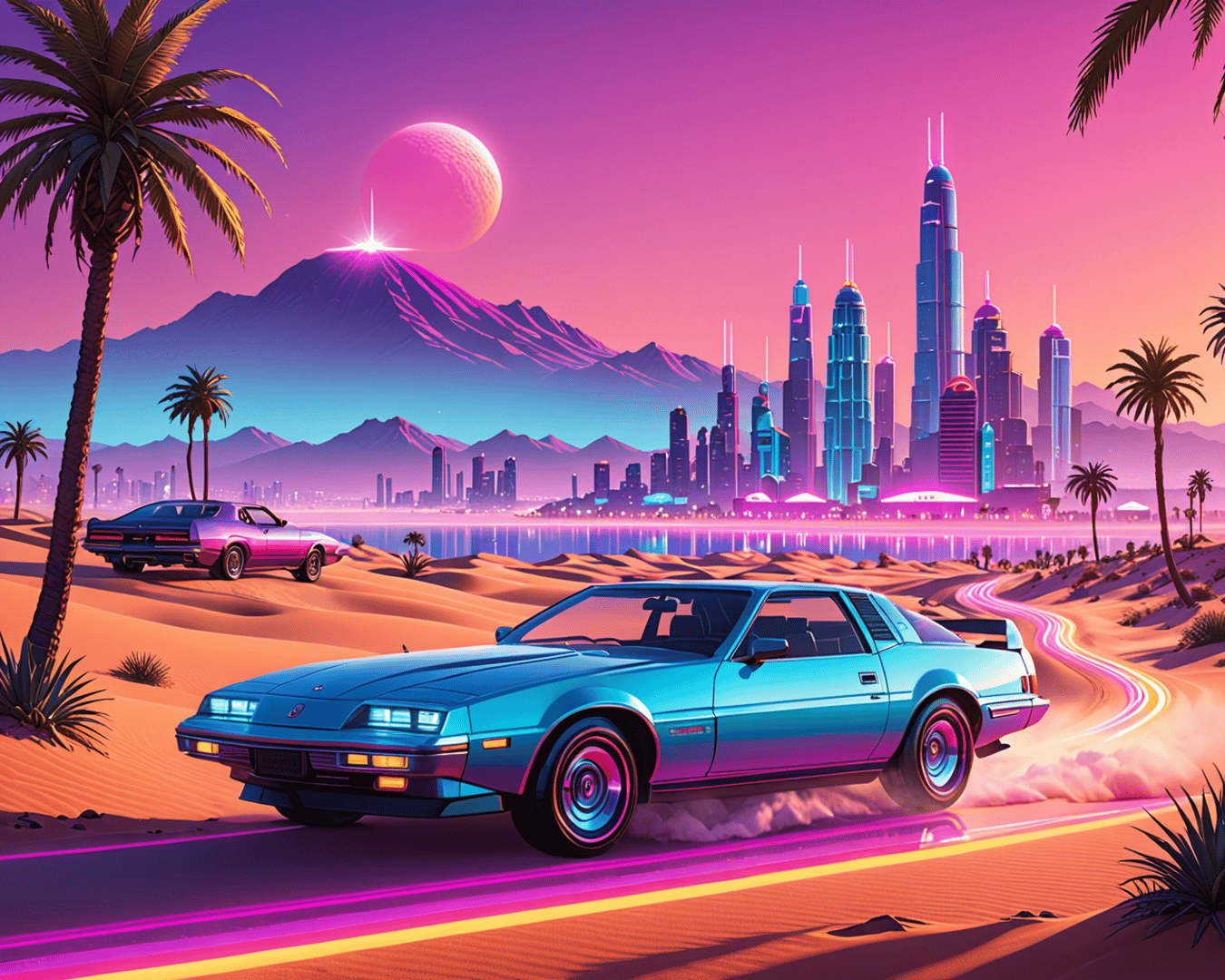 AI generated wallpaper featuring car, city, desert