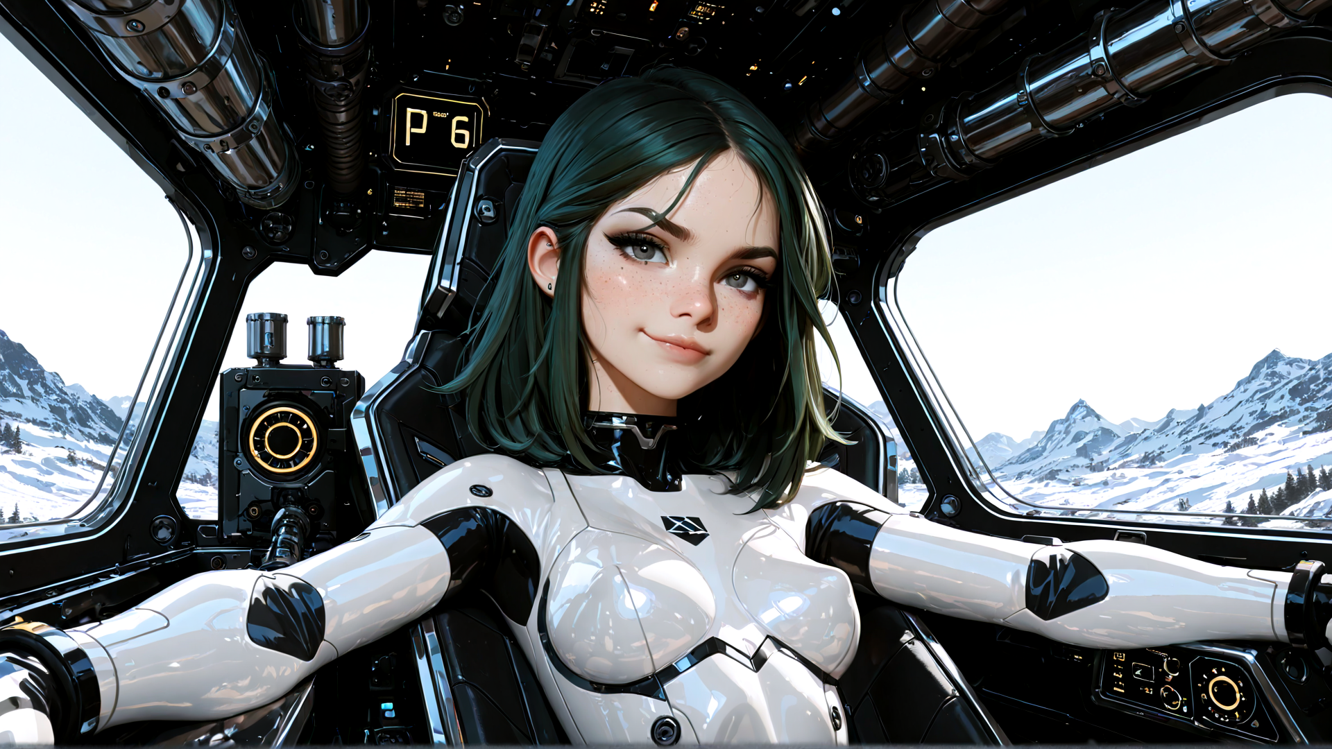 AI generated wallpaper featuring woman, spaceship, helicopter, robot, snow, mountains, cockpit