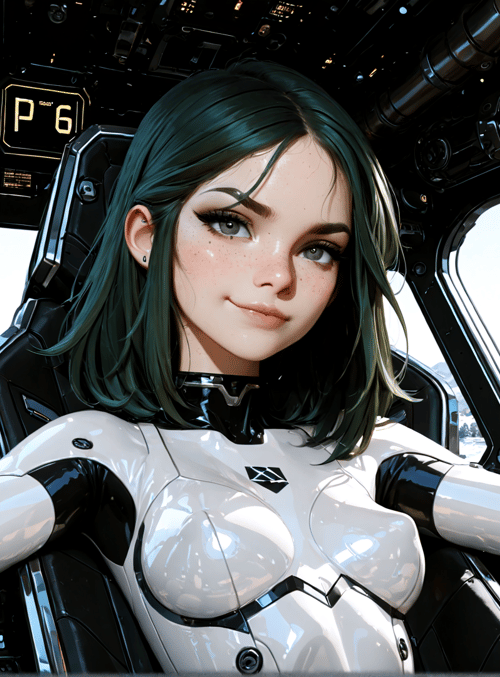 woman, spaceship, helicopter, robot, snow, mountains, cockpit