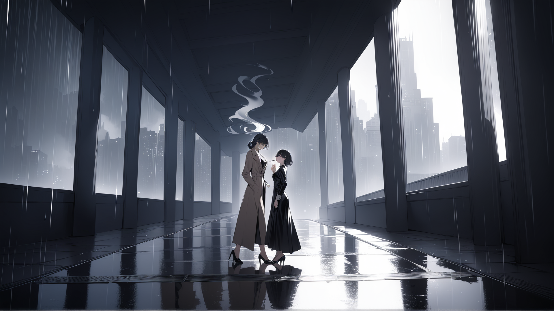 AI generated wallpaper featuring women, cityscape, rain