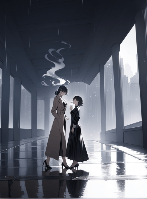 women, cityscape, rain