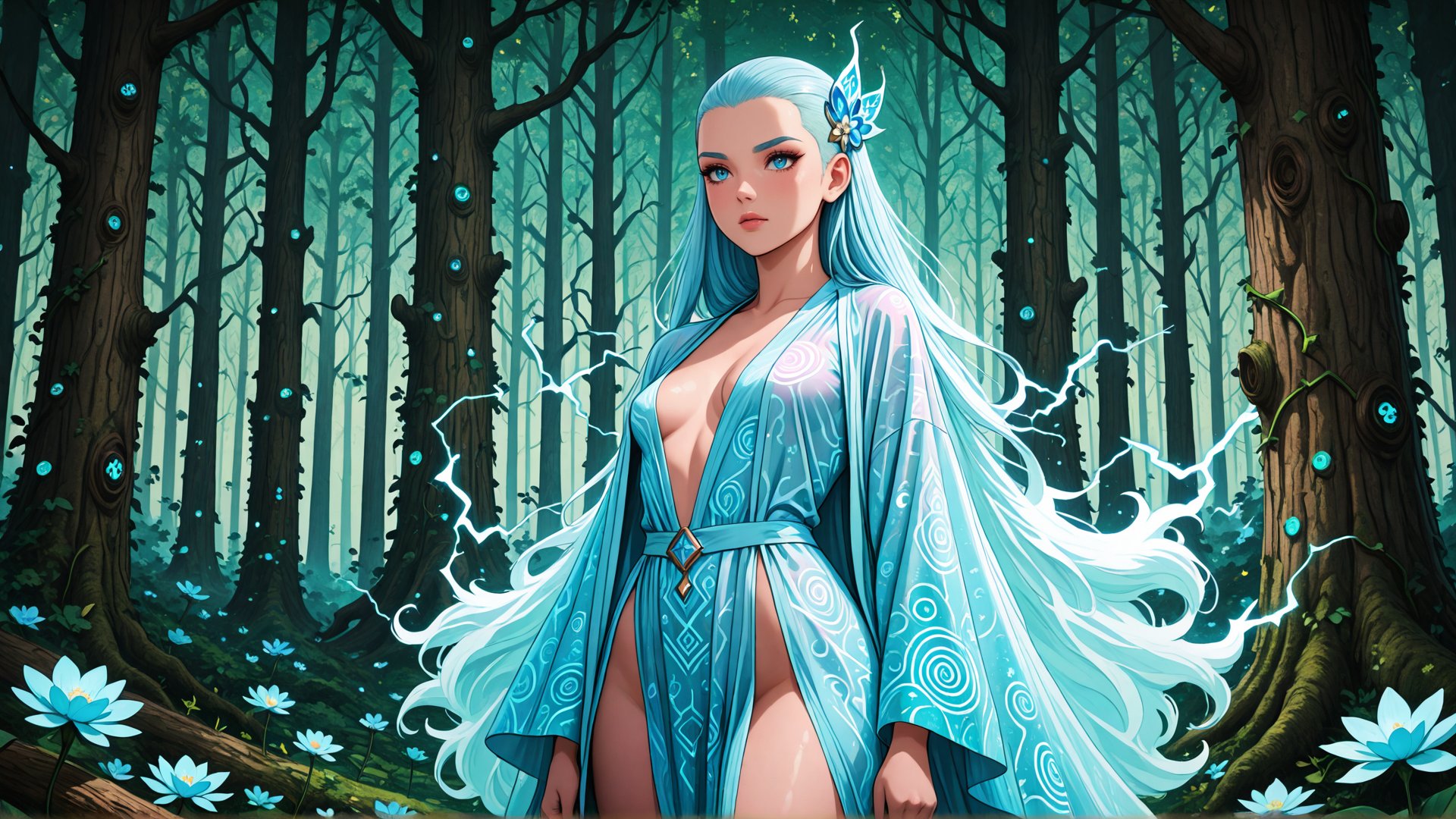 AI generated wallpaper featuring elf, forest, magic, lightning, flower