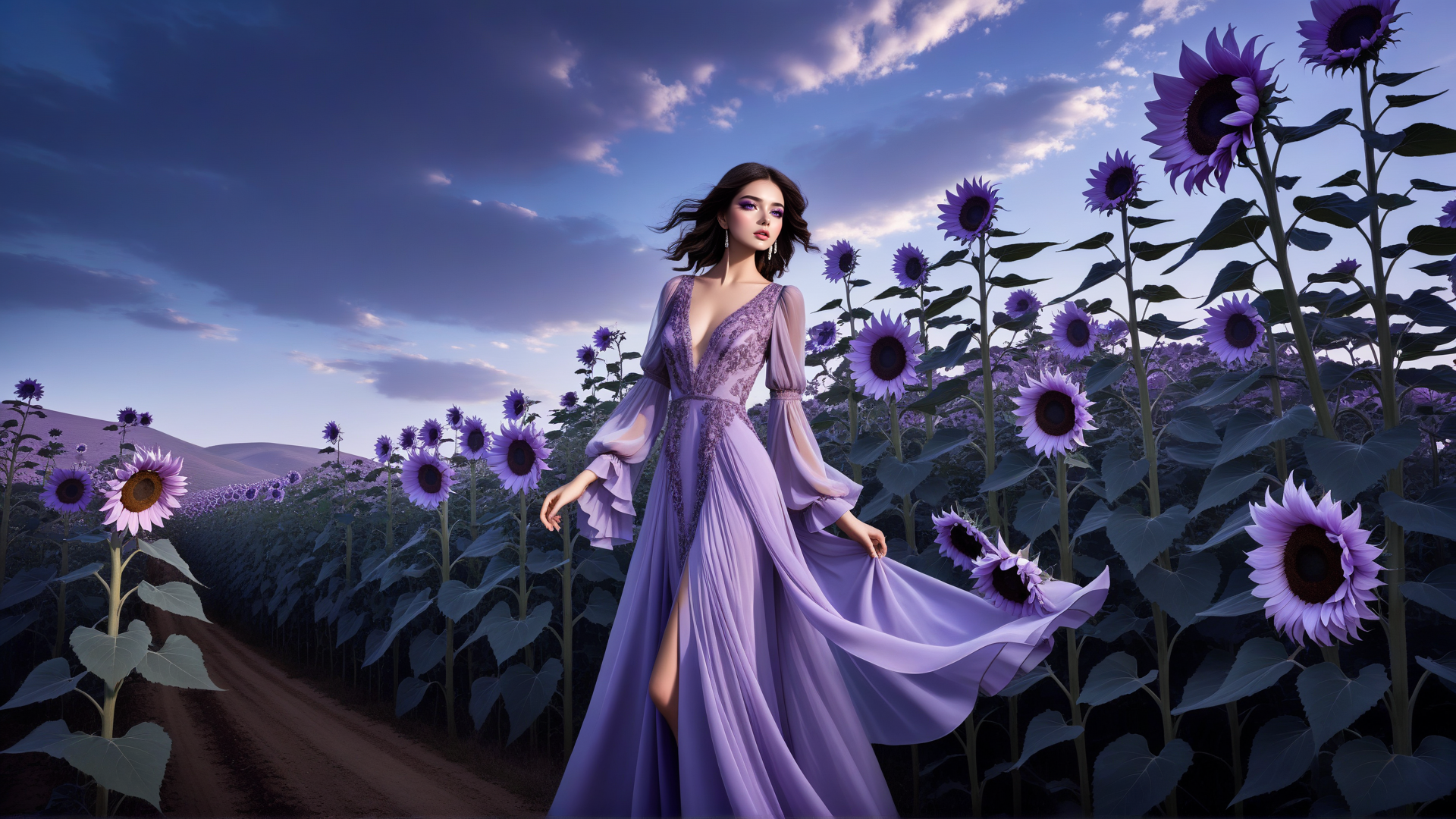 AI generated wallpaper featuring woman, sunflowers, dress