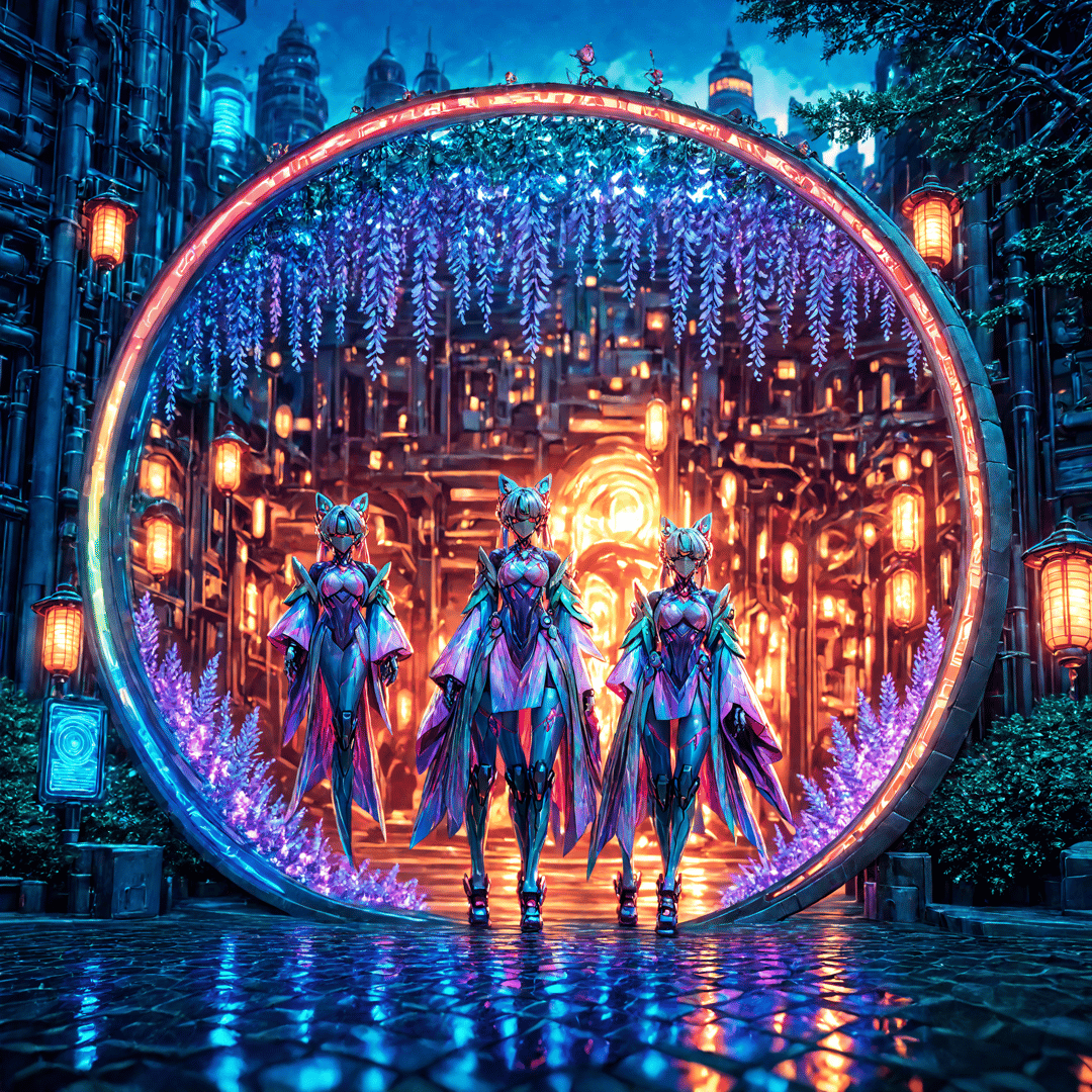 AI generated wallpaper featuring cyborg, catgirls, archway