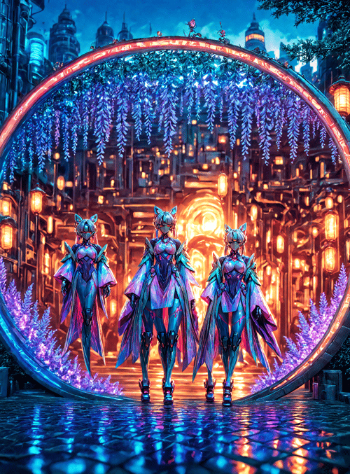 cyborg, catgirls, archway