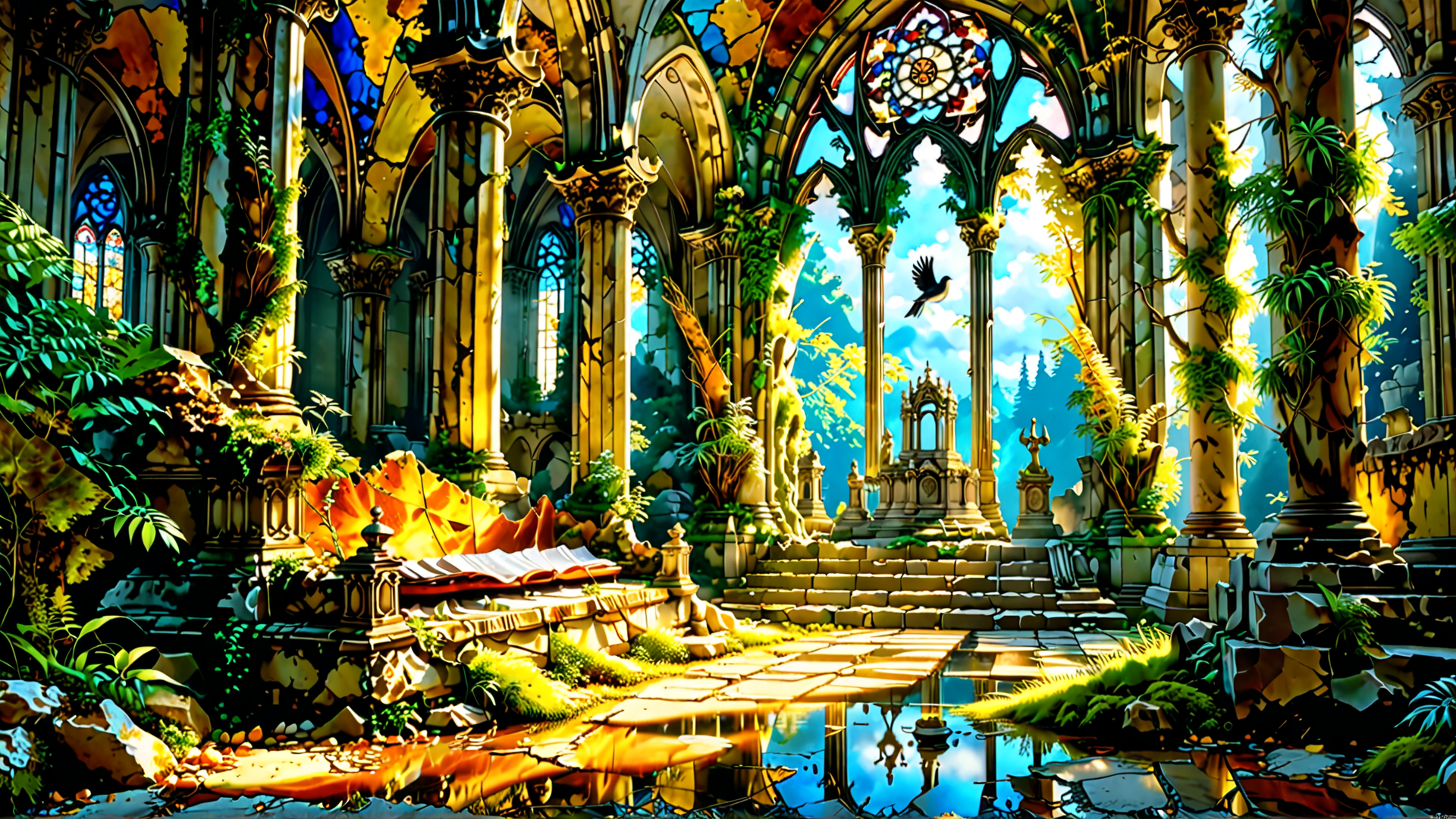 AI generated wallpaper featuring church, stained glass, plants, columns, bird, water, staircase, book, ruins, sunlight