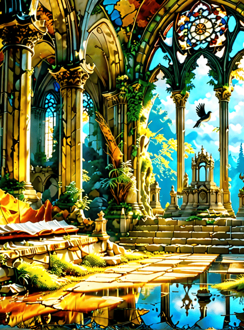 church, stained glass, plants, columns, bird, water, staircase, book, ruins, sunlight