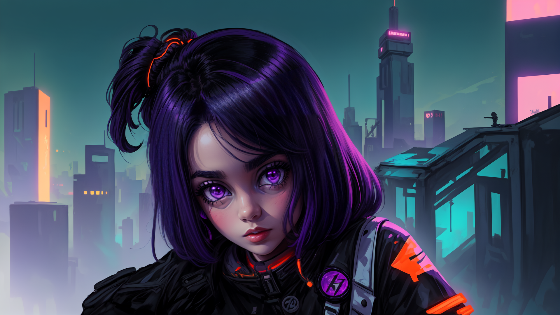 AI generated wallpaper featuring cyberpunk girl, cityscape