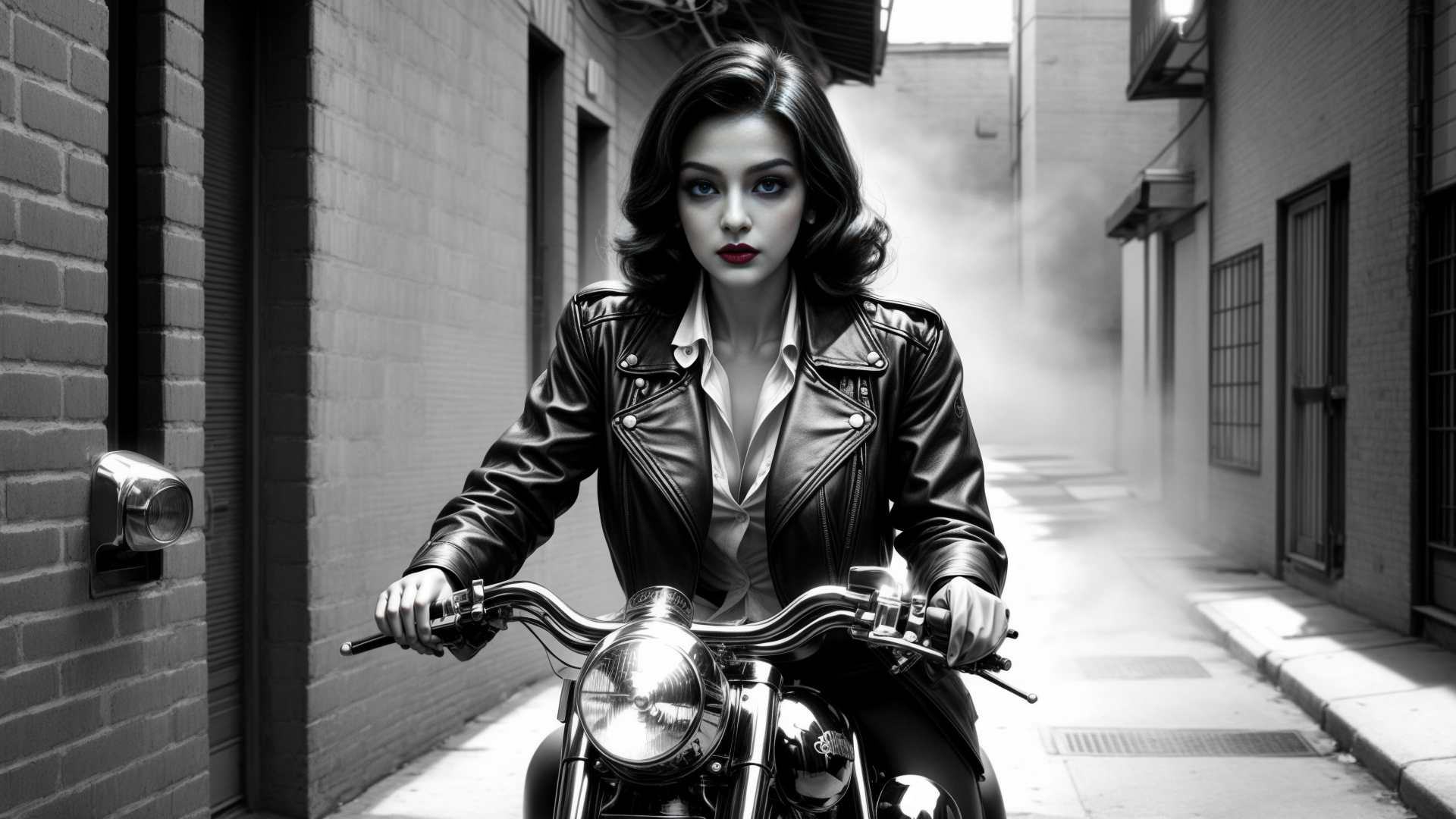 AI generated wallpaper featuring woman, motorcycle, alley