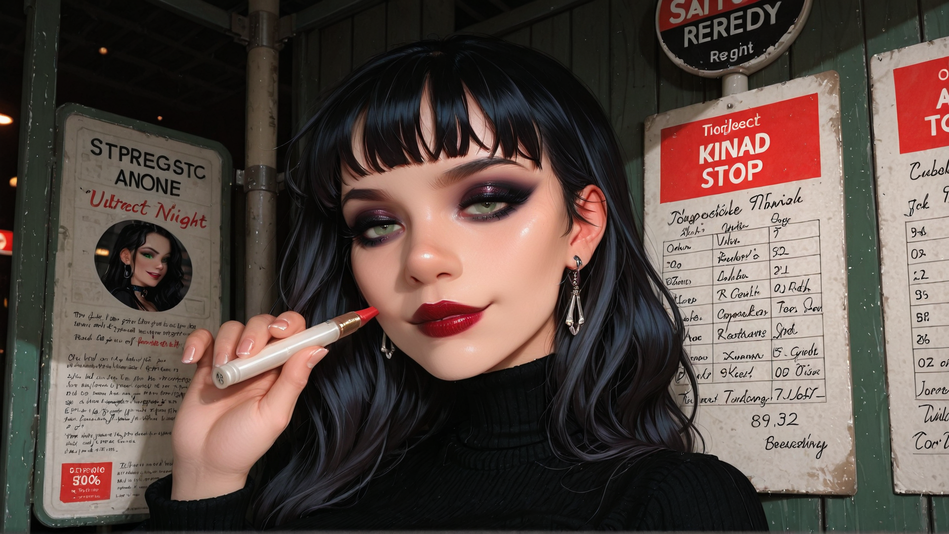 AI generated wallpaper featuring woman, makeup, signboard, lipstick, hair, earrings, turtleneck