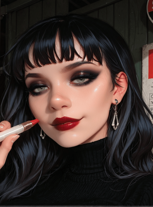 woman, makeup, signboard, lipstick, hair, earrings, turtleneck