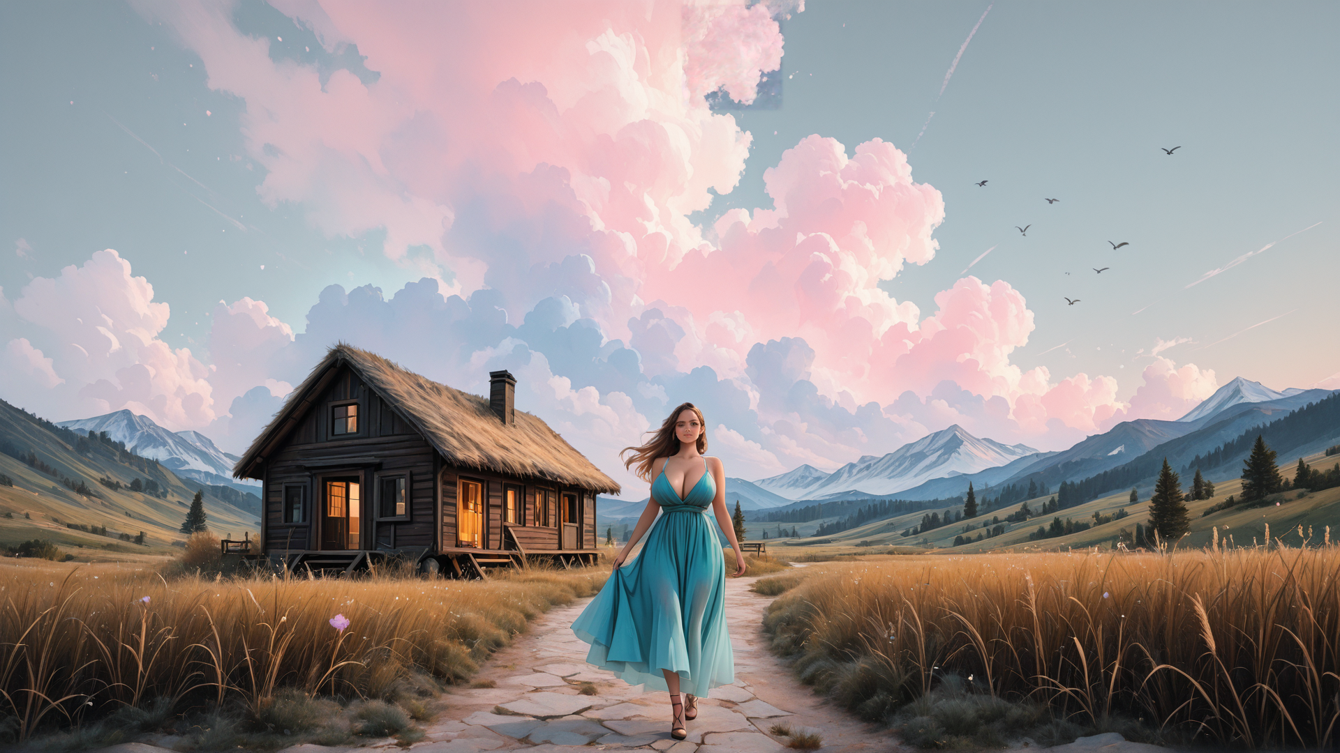 AI generated wallpaper featuring woman, house, mountains