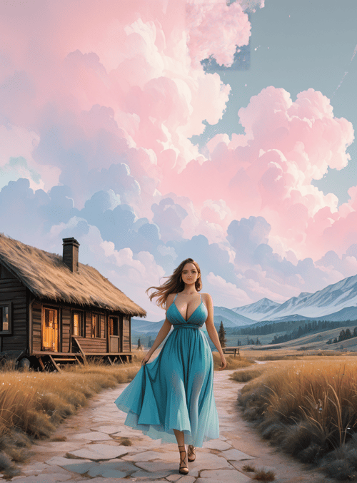 woman, house, mountains